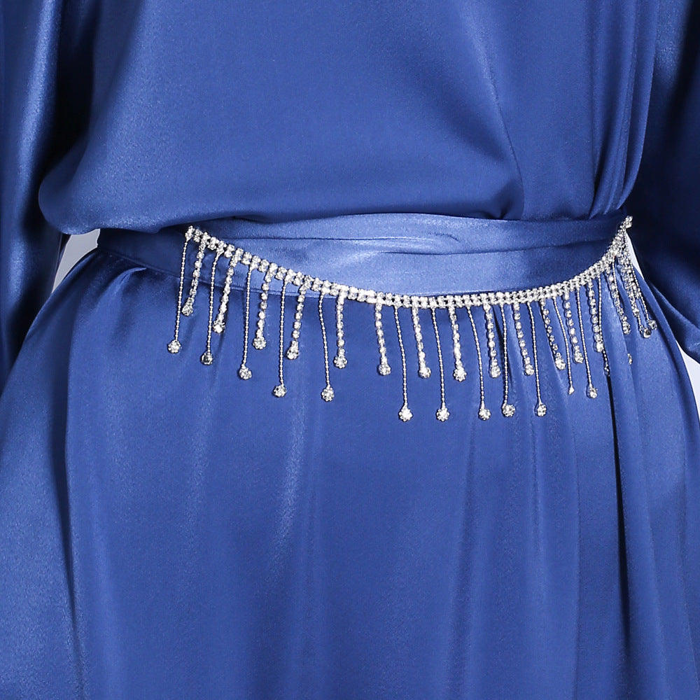 G1304#Autumn matte solid color  tassel diamond belt long muslim dress women