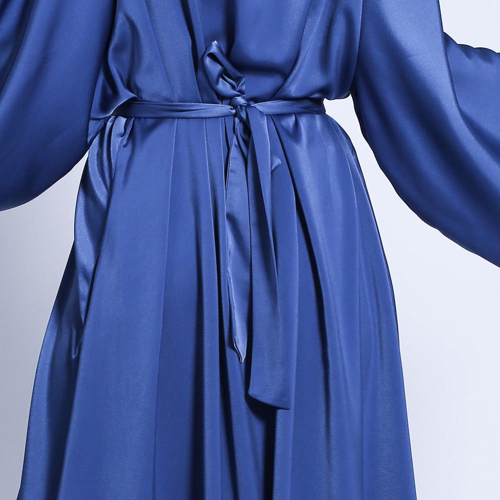 G1304#Autumn matte solid color  tassel diamond belt long muslim dress women