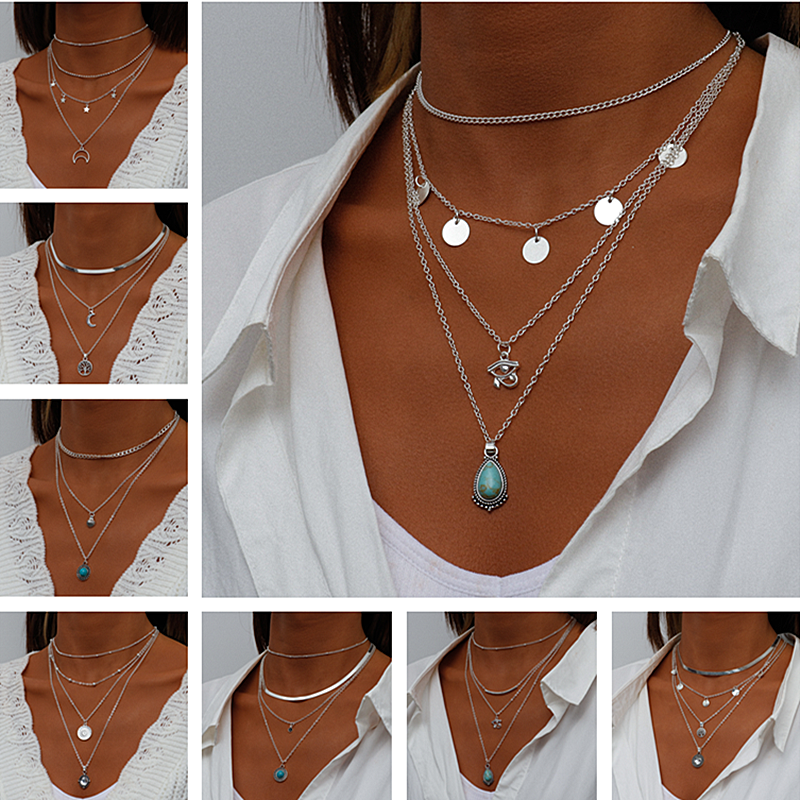 N16#Vintage Multi Layered Portrait Coin Moon Hamsa Hand Chain Necklaces