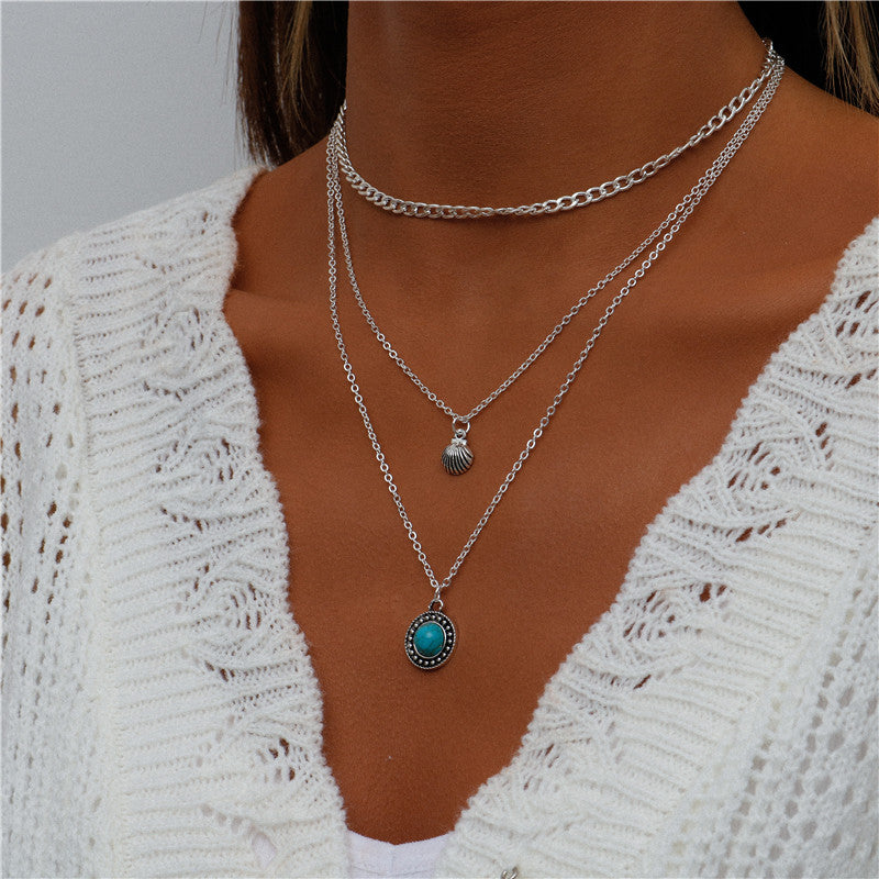 N16#Vintage Multi Layered Portrait Coin Moon Hamsa Hand Chain Necklaces