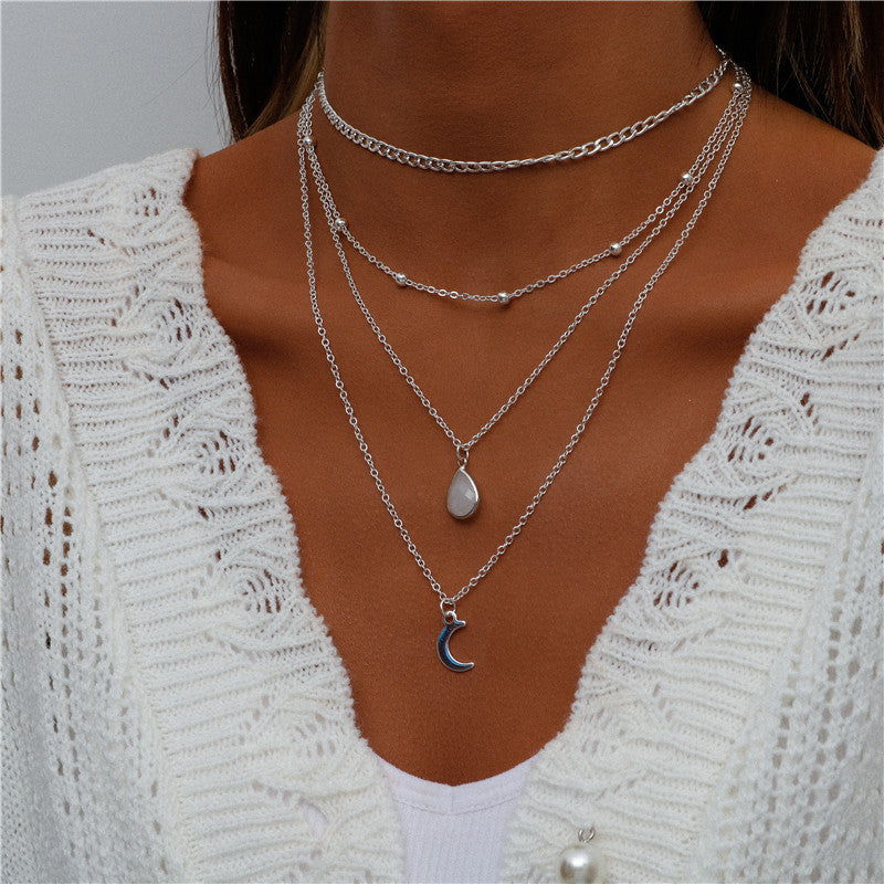 N16#Vintage Multi Layered Portrait Coin Moon Hamsa Hand Chain Necklaces