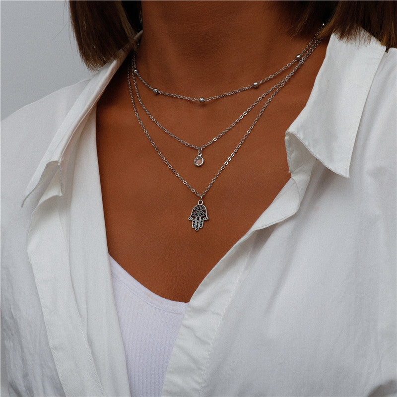 N16#Vintage Multi Layered Portrait Coin Moon Hamsa Hand Chain Necklaces