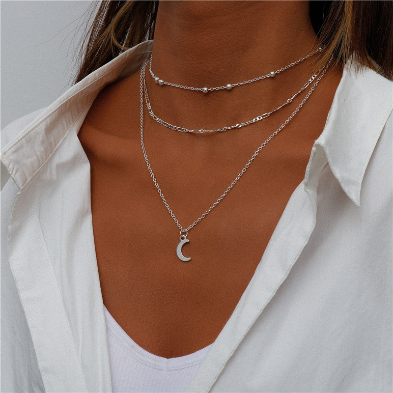 N16#Vintage Multi Layered Portrait Coin Moon Hamsa Hand Chain Necklaces