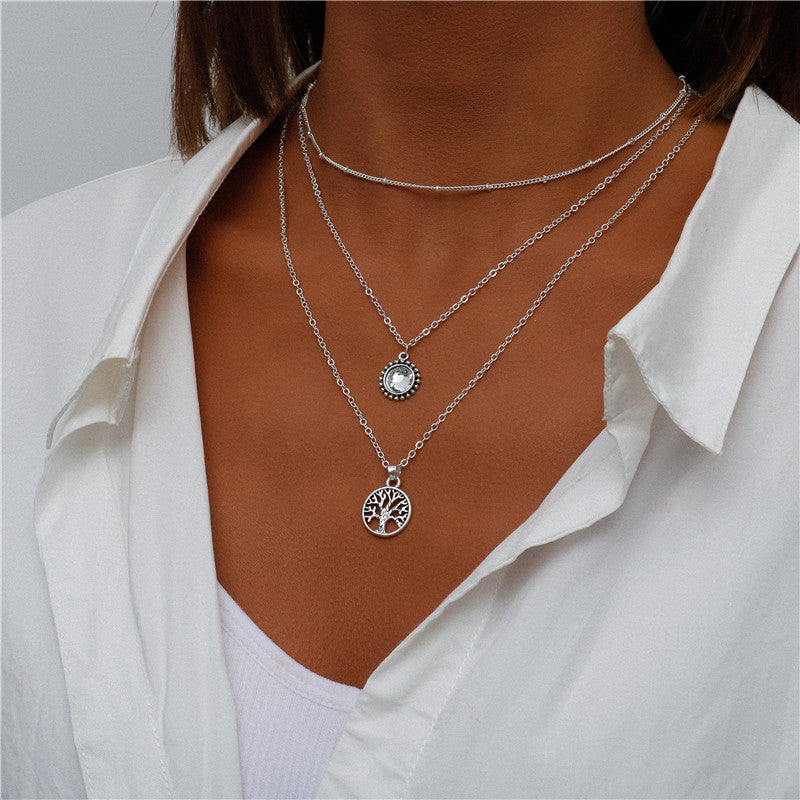 N16#Vintage Multi Layered Portrait Coin Moon Hamsa Hand Chain Necklaces