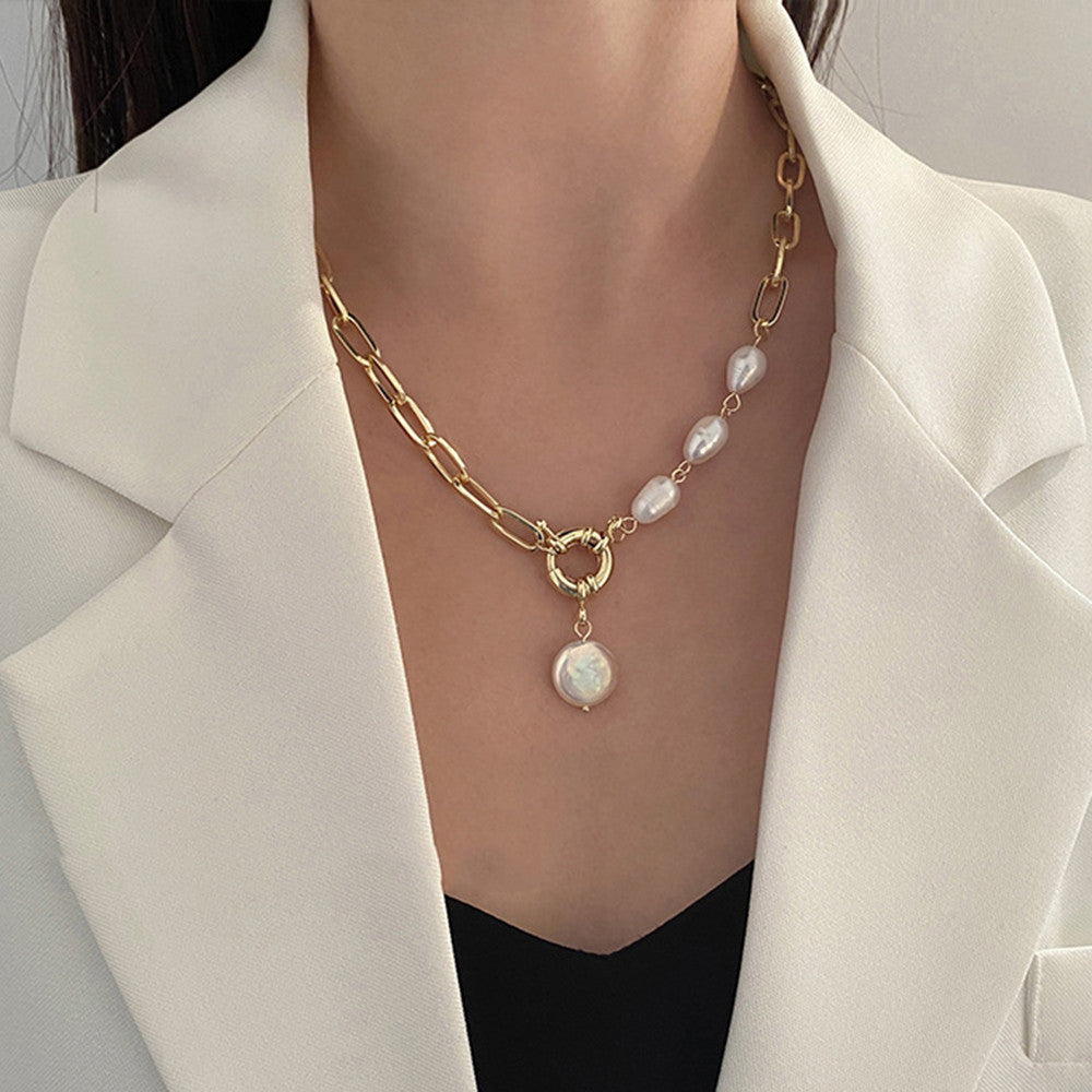 N14# Fashion Imitation Pearl Thick Chain Pendant Necklace