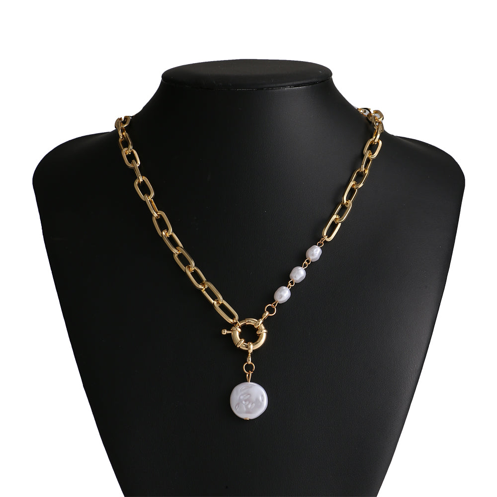 N14# Fashion Imitation Pearl Thick Chain Pendant Necklace