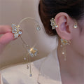 E21#Shiny Zircon Butterfly Ear Cuff Gold Color Tassel Clip On Earrings For Women