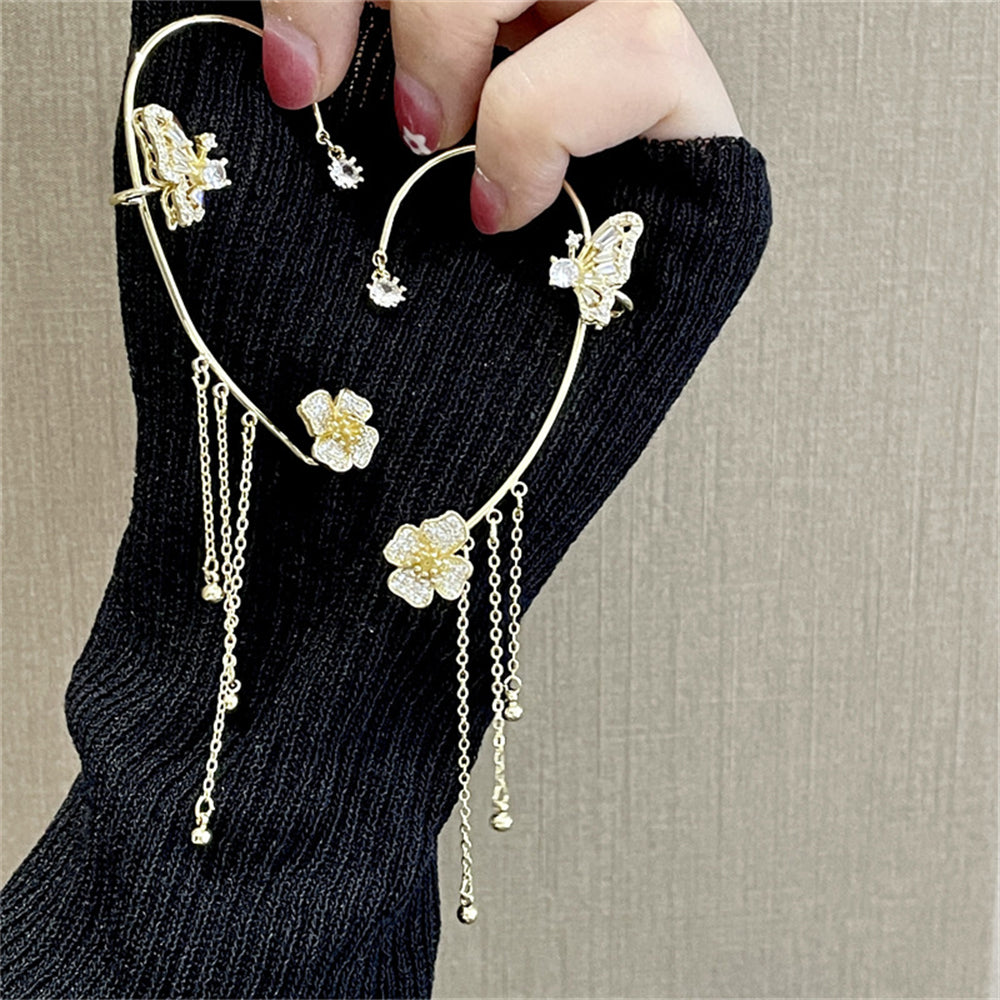 E21#Shiny Zircon Butterfly Ear Cuff Gold Color Tassel Clip On Earrings For Women