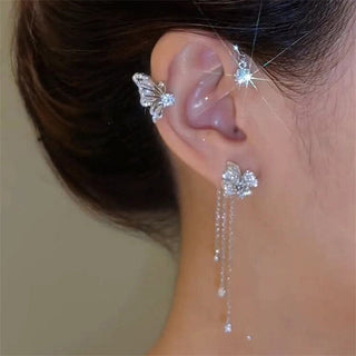 E21#Shiny Zircon Butterfly Ear Cuff Gold Color Tassel Clip On Earrings For Women