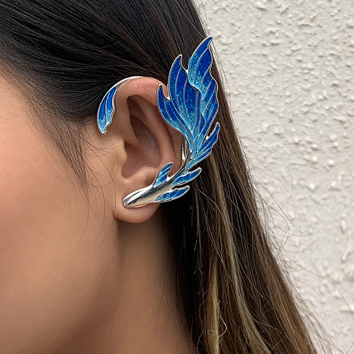E24#Luxury Blue Painted Elf Ear Cuffs for Women Clip on Earrings