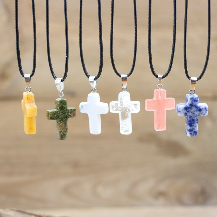 N30#Natural Crystal Cross Shape Pendant Gemstone Necklace
