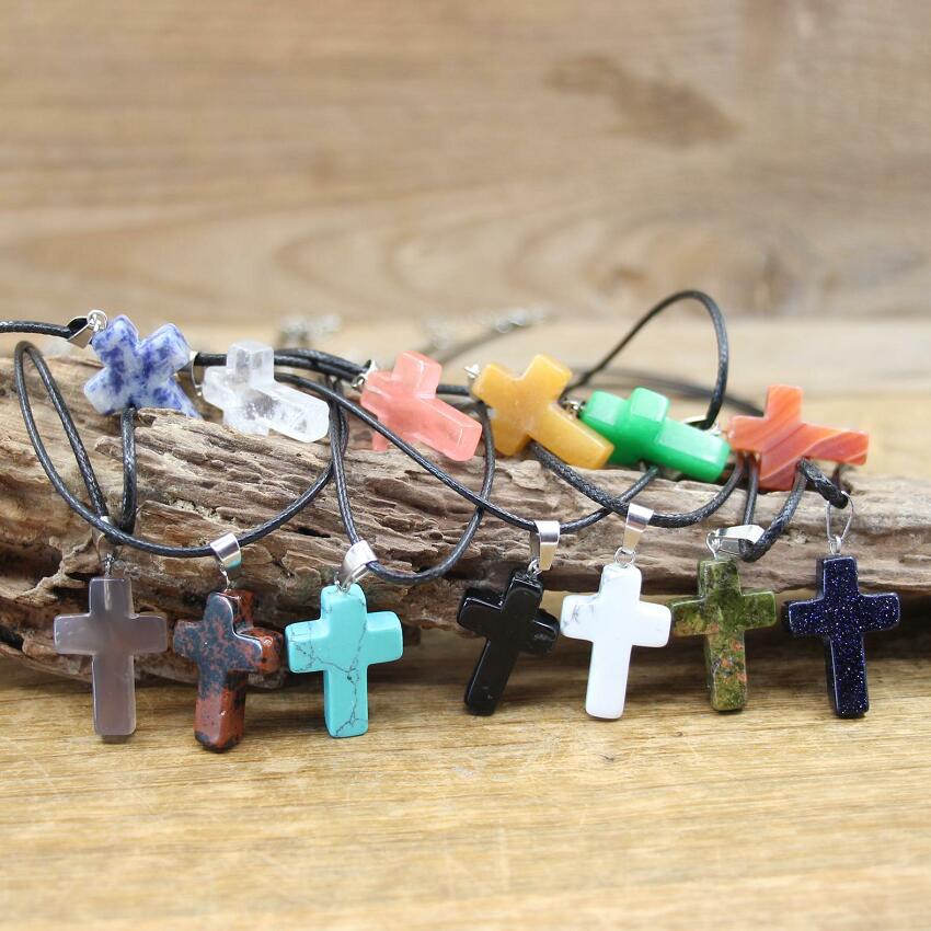 N30#Natural Crystal Cross Shape Pendant Gemstone Necklace
