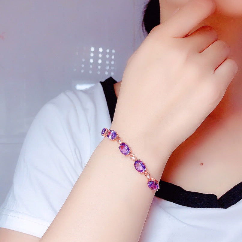 B27#18K Rose Gold Color Treasure Luxury Purple Crystal Gemstone Bracelet