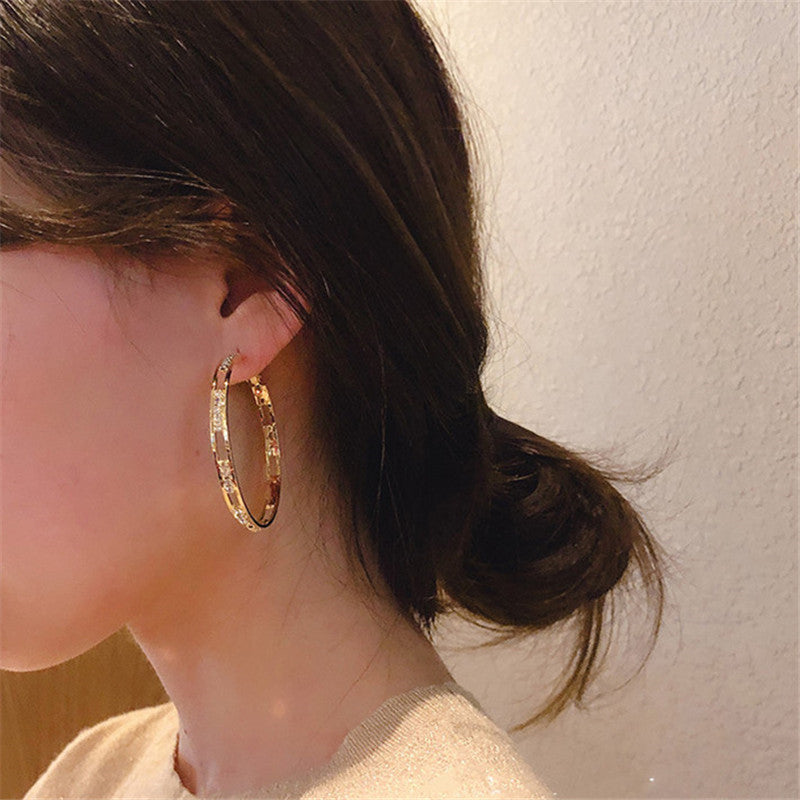 E32# Golden Round Crystal Hoop Earrings for Women