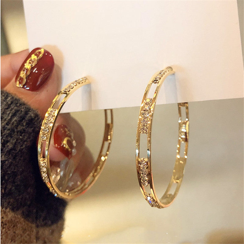E32# Golden Round Crystal Hoop Earrings for Women