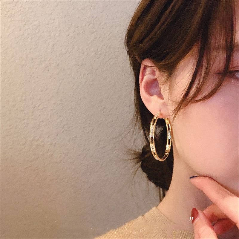 E32# Golden Round Crystal Hoop Earrings for Women