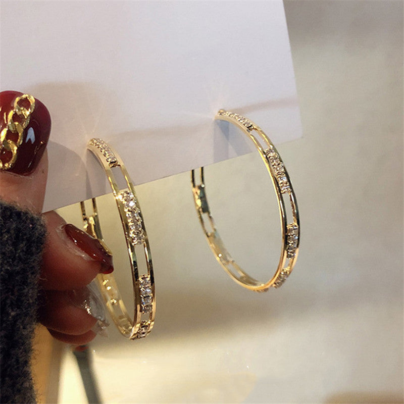 E32# Golden Round Crystal Hoop Earrings for Women