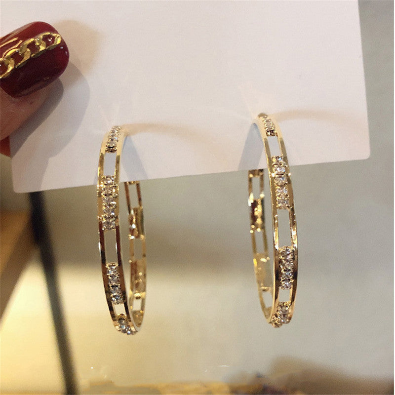 E32# Golden Round Crystal Hoop Earrings for Women