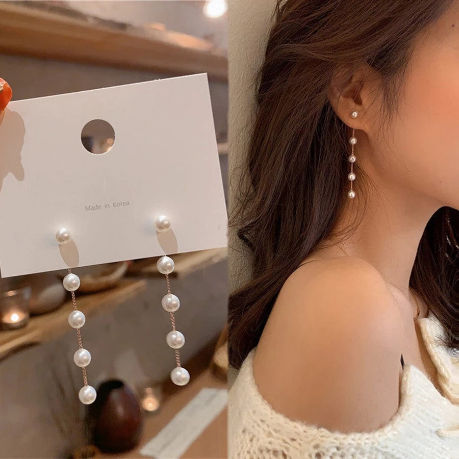 E37#Trend Simulation Pearl Long Earrings Female