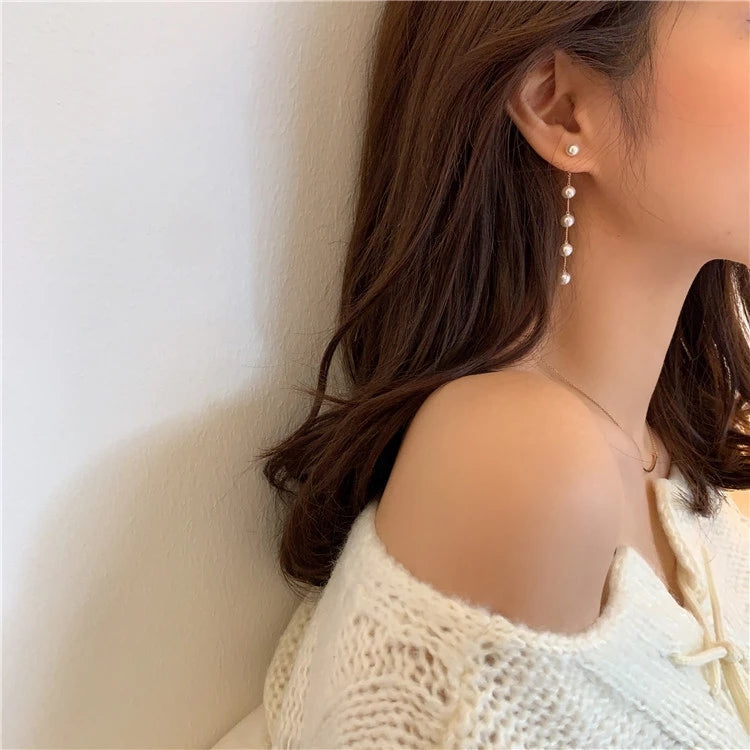 E37#Trend Simulation Pearl Long Earrings Female