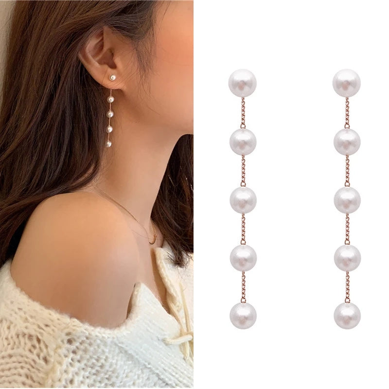 E37#Trend Simulation Pearl Long Earrings Female