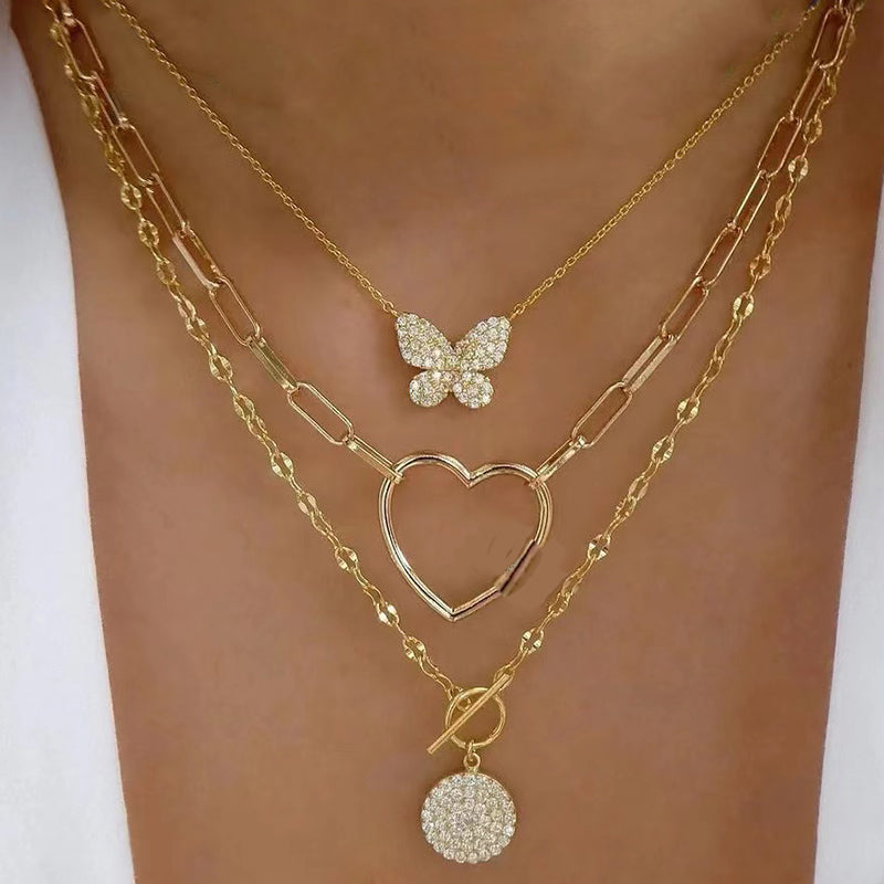 N33# Multilayer Crystal Butterfly Pendant Necklaces