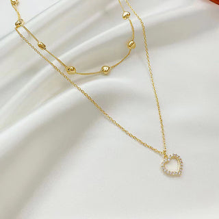 N39#Gold Color Double Layer Heart Necklace Zircon For Women