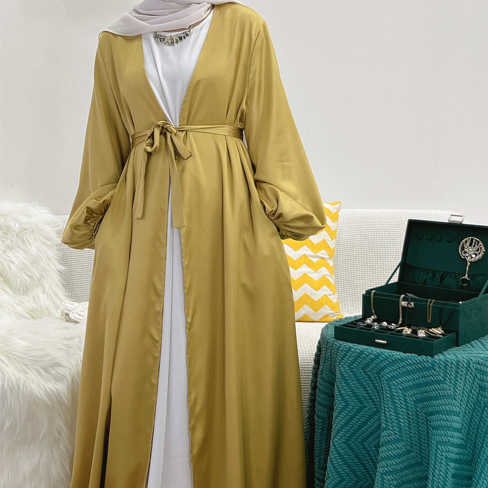 1507# Muslim women Satin Abaya Solid color dress set kimono open Cardigan Islamic Clothing