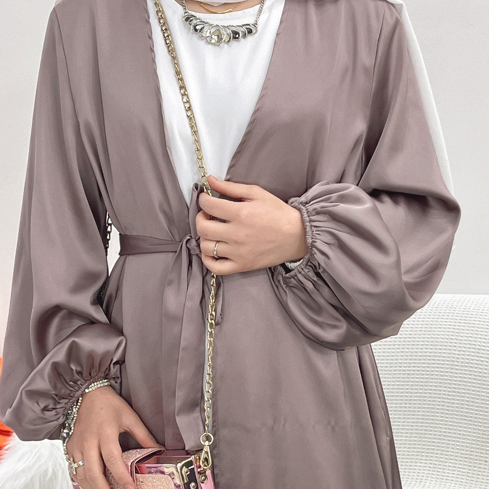 1507# Muslim women Satin Abaya Solid color dress set kimono open Cardigan Islamic Clothing
