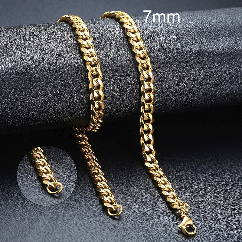 NM3#2022 New Fashion Necklace for Men Women, Basic Punk Stainless Steel Curb Link Chain Chokers,Vintage Gold Tone Solid Metal Collar