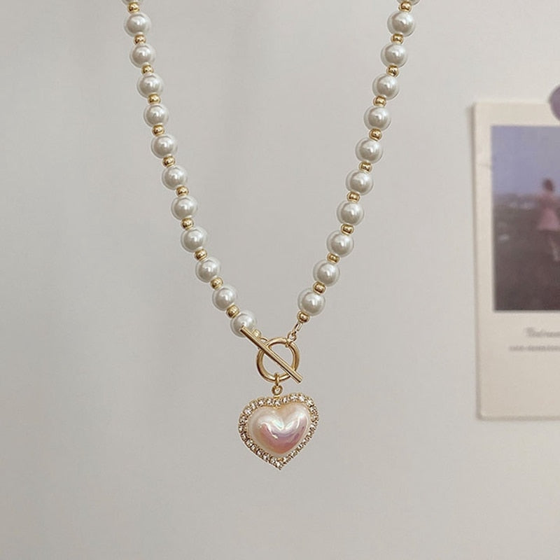 N5# 2022 New Arrival  Elegant Pearl Beads Necklace For Women Ladies Fashion Rhinestone Shell Heart Pendent Necklace Choker Jewelry