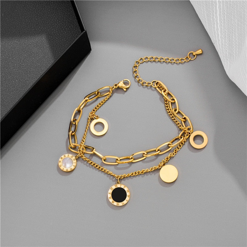 B3# 2022 New Stainless Steel Layered Golden Pendant Bracelet For Women Coin Cross Pearl Bracelet Jewelry