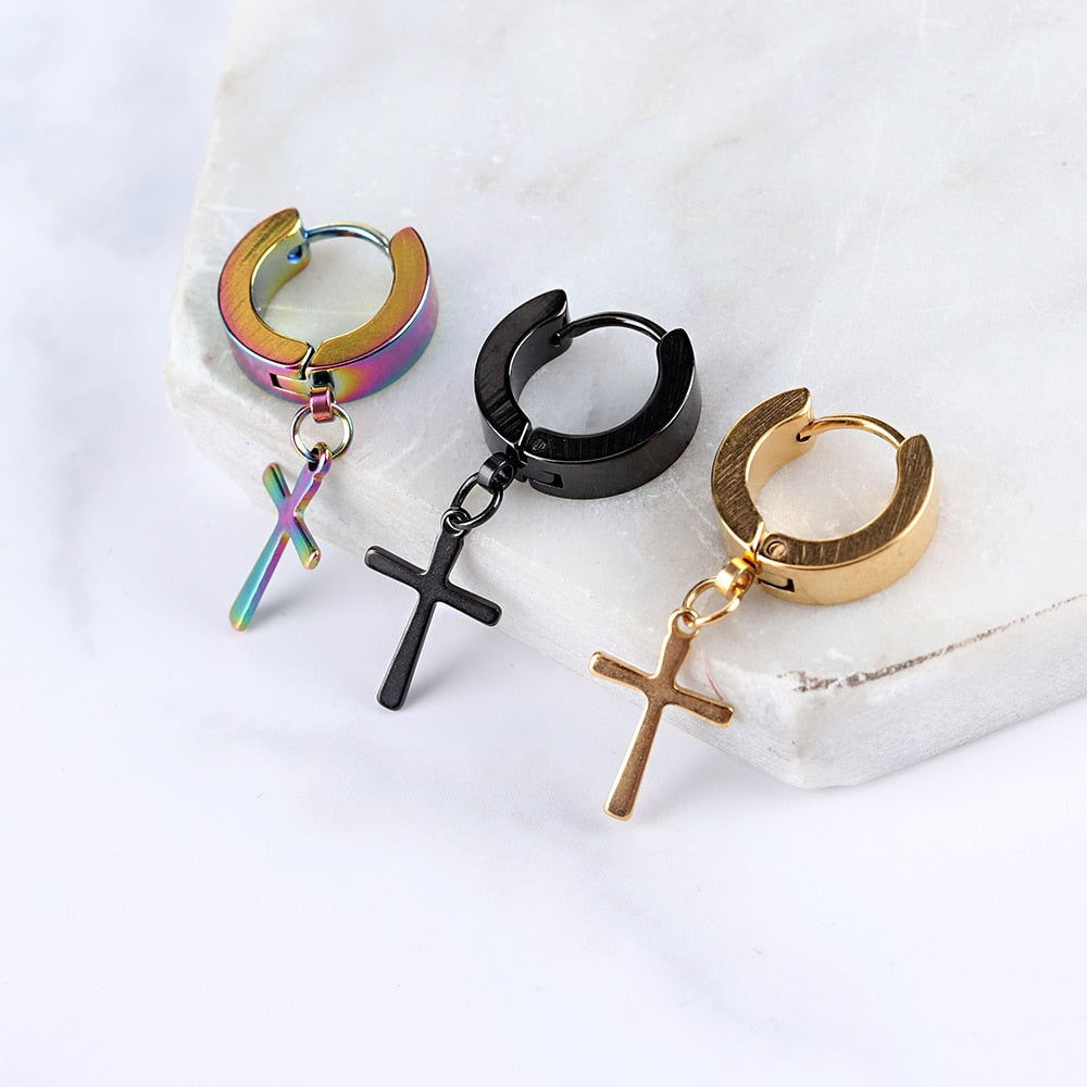 EM1#2022 1/2PC Men Punk Cross Stars Dangle Earrings Women Gothic Stainless Steel Cross Ear Stud Earrings Jewelry