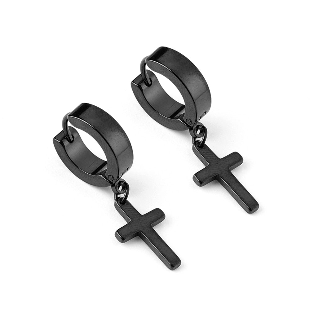 EM1#2022 1/2PC Men Punk Cross Stars Dangle Earrings Women Gothic Stainless Steel Cross Ear Stud Earrings Jewelry