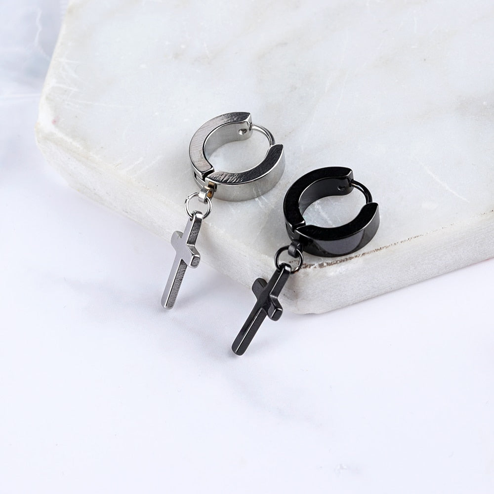 EM1#2022 1/2PC Men Punk Cross Stars Dangle Earrings Women Gothic Stainless Steel Cross Ear Stud Earrings Jewelry