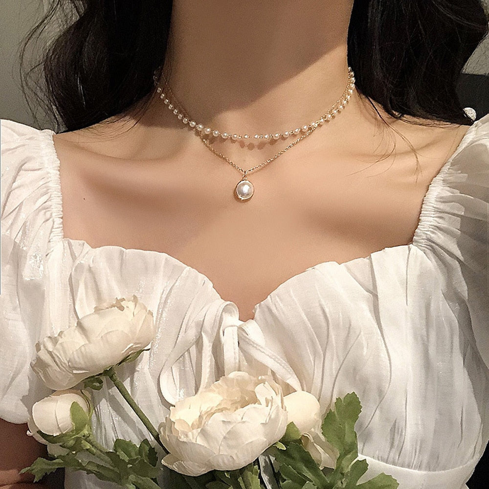 N8# Go Nice  2022 New Fashion Pearl Choker Necklace Cute Double Layer Chain  For Women Jewelry Girl Gift