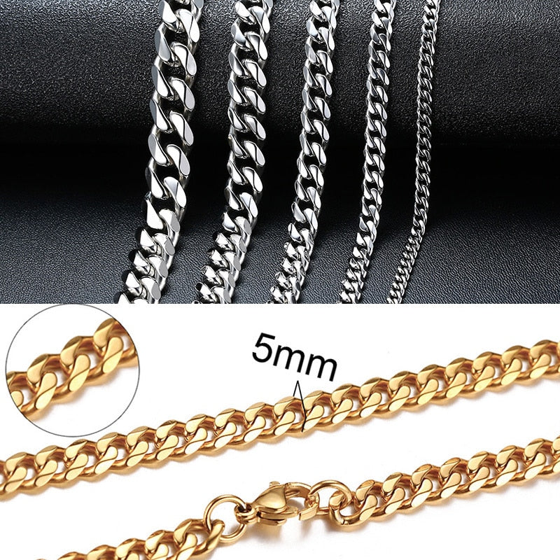 NM3#2022 New Fashion Necklace for Men Women, Basic Punk Stainless Steel Curb Link Chain Chokers,Vintage Gold Tone Solid Metal Collar