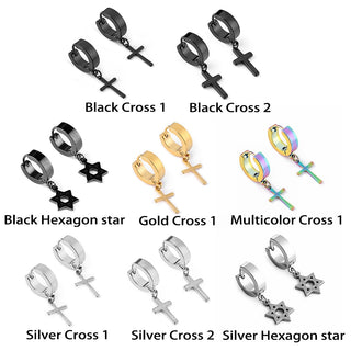 EM1#2022 1/2PC Men Punk Cross Stars Dangle Earrings Women Gothic Stainless Steel Cross Ear Stud Earrings Jewelry