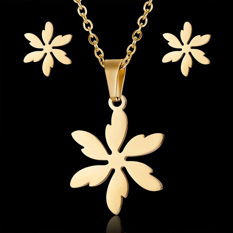 N4# 2022 Hot Selling Rinhoo Love Rose Flower Snowflake Butterfly Wing Cat Stainless Steel Sets For Women Necklace Earring Set