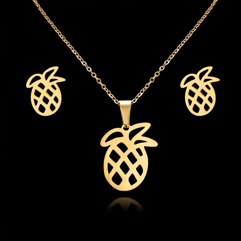N4# 2022 Hot Selling Rinhoo Love Rose Flower Snowflake Butterfly Wing Cat Stainless Steel Sets For Women Necklace Earring Set