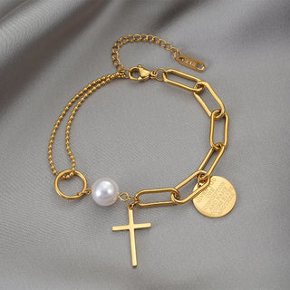 B3# 2022 New Stainless Steel Layered Golden Pendant Bracelet For Women Coin Cross Pearl Bracelet Jewelry