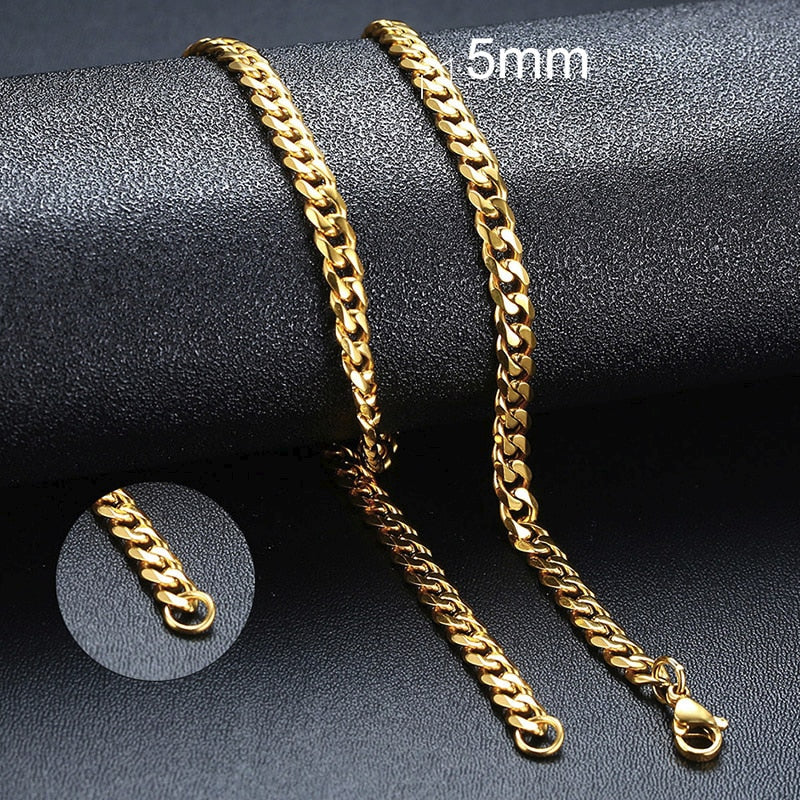 NM3#2022 New Fashion Necklace for Men Women, Basic Punk Stainless Steel Curb Link Chain Chokers,Vintage Gold Tone Solid Metal Collar