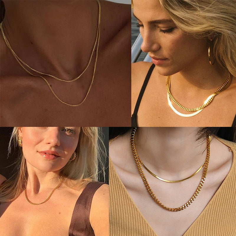 NM3#2022 New Fashion Necklace for Men Women, Basic Punk Stainless Steel Curb Link Chain Chokers,Vintage Gold Tone Solid Metal Collar