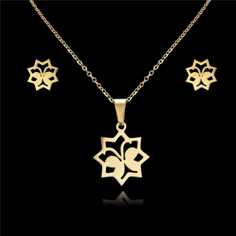 N4# 2022 Hot Selling Rinhoo Love Rose Flower Snowflake Butterfly Wing Cat Stainless Steel Sets For Women Necklace Earring Set