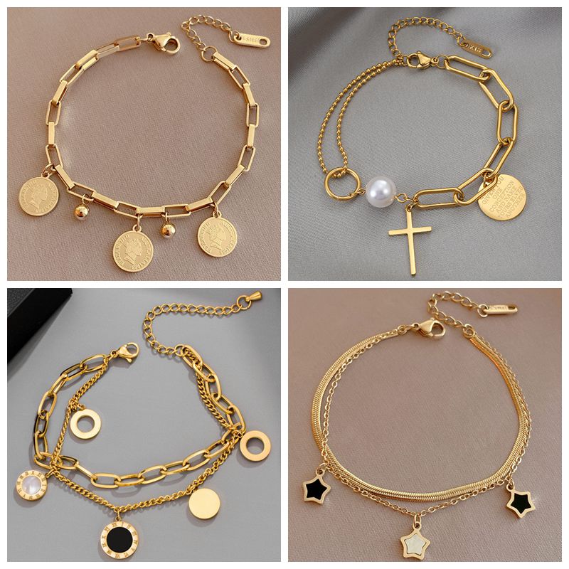 B3# 2022 New Stainless Steel Layered Golden Pendant Bracelet For Women Coin Cross Pearl Bracelet Jewelry