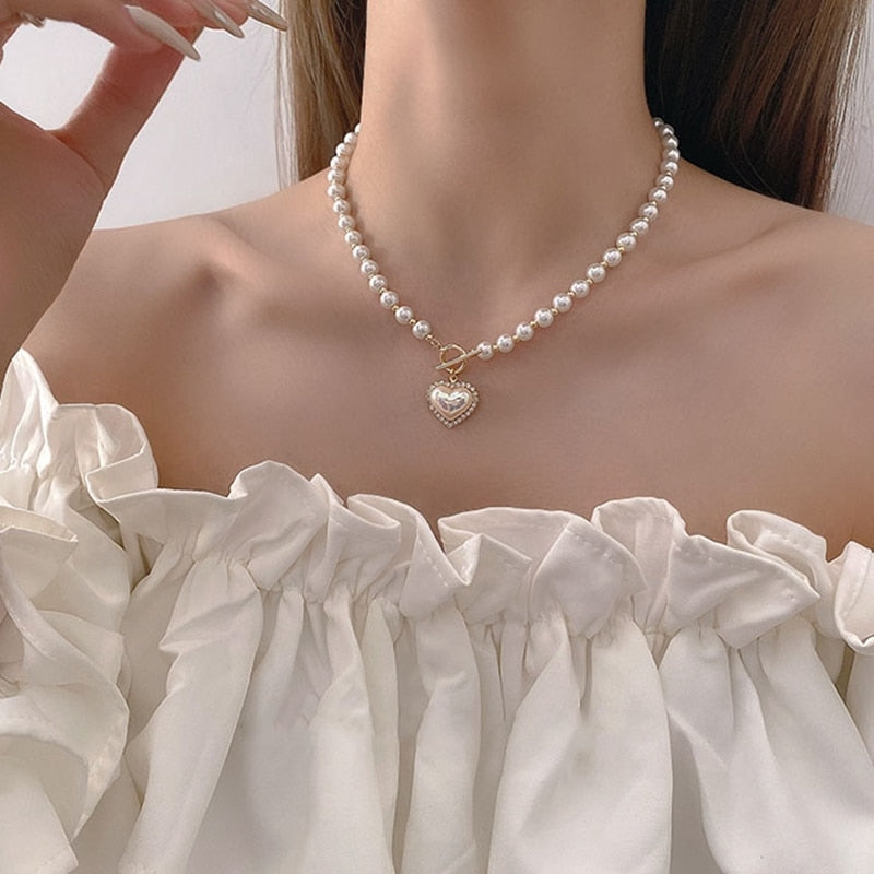 N5# 2022 New Arrival  Elegant Pearl Beads Necklace For Women Ladies Fashion Rhinestone Shell Heart Pendent Necklace Choker Jewelry