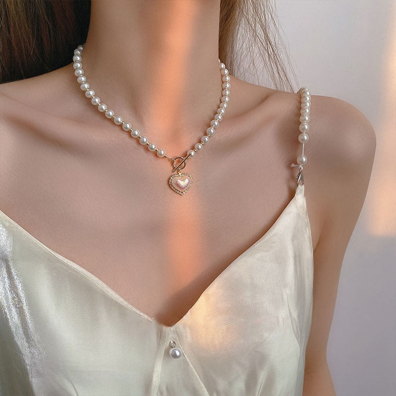 N5# 2022 New Arrival  Elegant Pearl Beads Necklace For Women Ladies Fashion Rhinestone Shell Heart Pendent Necklace Choker Jewelry
