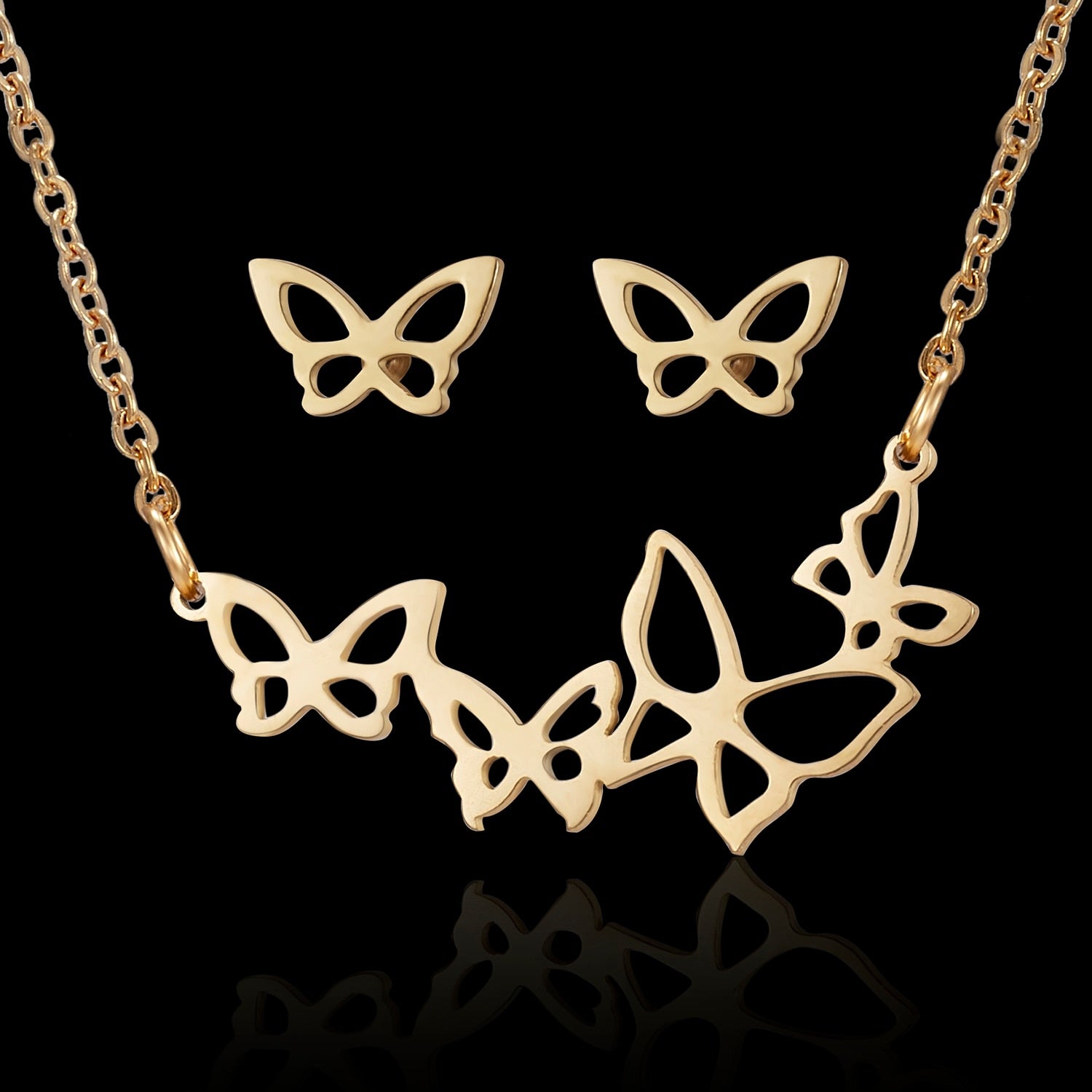 N4# 2022 Hot Selling Rinhoo Love Rose Flower Snowflake Butterfly Wing Cat Stainless Steel Sets For Women Necklace Earring Set