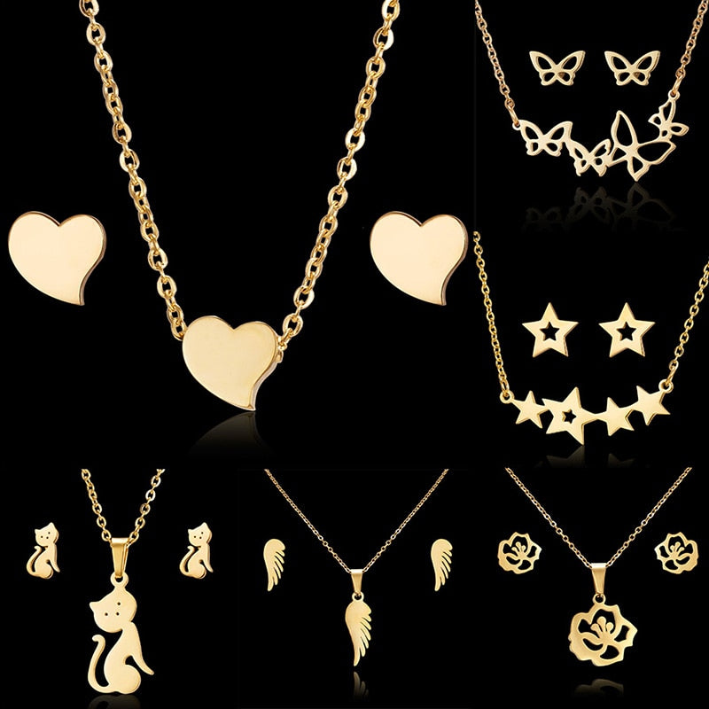 N4# 2022 Hot Selling Rinhoo Love Rose Flower Snowflake Butterfly Wing Cat Stainless Steel Sets For Women Necklace Earring Set