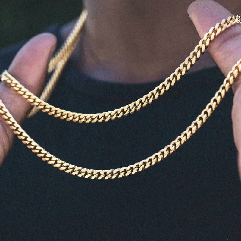 NM3#2022 New Fashion Necklace for Men Women, Basic Punk Stainless Steel Curb Link Chain Chokers,Vintage Gold Tone Solid Metal Collar